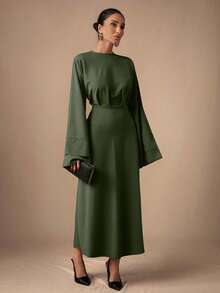 EURMUSE Elegant Commuter Solid Color Bell Sleeve Dress - Army Green - View 7