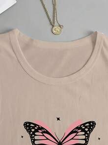 Playera camiseta gráfica dama mujer manga larga cuello redondo básica cómoda fresca ligera moderna juvenil casual urbana suave frío estampado letras frase mariposa - Beis - Ver 2