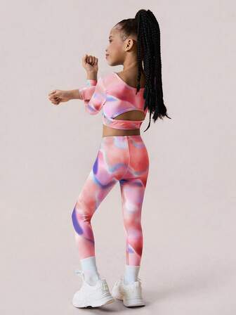 SHEIN Young Girls Activewear Set, Colorful Pattern, Bright & Vivid, Long Sleeve Top With Cutout Back Design + Pants Set, Suitable For Gymnastics Training, Daily Wear, And Casual Outings