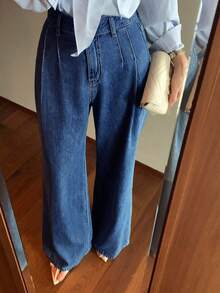 DAZY High Waist Washed Blue Pleated Wide Leg Jeans, Loose & Versatile Denim Pants For Autumn/Winter - Dark Wash - View 2