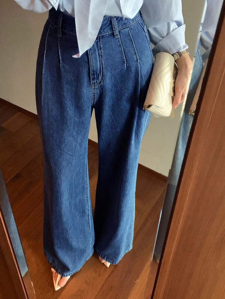 High Waist Washed Blue Pleated Wide Leg Jeans, Loose & Versatile Denim Pants For Autumn/Winter