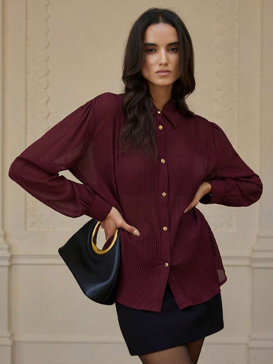 Aveloria Rosie Blusa elegante y versátil de mujer con mangas largas, de diseño plisado de gasa estilizante y de moda - Burdeos - Ver 1