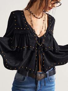 Bohemela 波西米亚风圣诞新年休闲纯色梭织长袖宽松女式衬衫，冬季款 - 黑色 - 查看 5