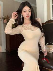 DAZY Vestido de media longitud con forro térmico, encaje y parches, estilo de cola de pez para mujer en otoño - Beis - Ver 3