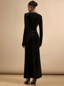 Vesra Deep V-Neck Straight Shoulder Long Sleeve Fishtail Dress, Luxurious High-End Evening Gown With Metal Buckle Decor For Women - Multicolor - View 2