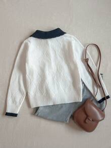 PrepCrw 1pc Tween Girls Elegant Urban Party Versatile Comfortable Warm Black Collar Colorblock Long Sleeve Knit Cardigan, Suitable For Casual Outings, Gatherings, Holidays, Parties, Autumn/Winter