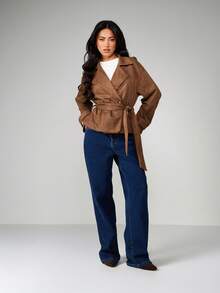MISSGUIDED Oversized Collar Tie Up Waist Long Sleeve Casual Jacket Trench Coat - Brown - View 5
