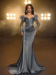 Glamrae Váy maxi đuôi cá dài tay bằng vải satin co giãn, đính cườm và sequin sang trọng, xẻ tà bên hông, thích hợp cho đám cưới, tiệc tùng, vũ hội, kỳ nghỉ, những dịp trang trọng (được tô điểm nhiều) - xanh quân đội - Xem 7