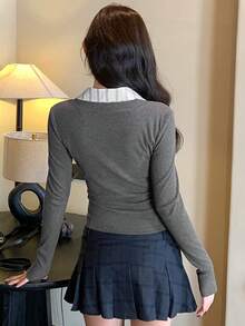 DAZY Women's Striped Shirt Splicing Deep V-Neck Fitted Long Sleeve T-Shirt, Casual School Style Top - Grey - View 4