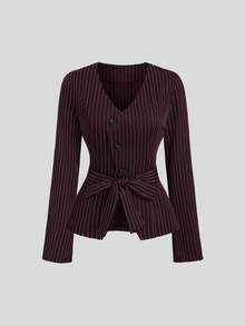 Sweetra 初秋新款韩版套装，棕色条纹设计，V领，收腰，修身时尚女装套装 - 棕色 - 查看 7