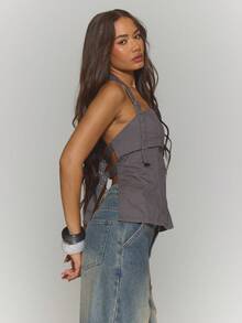 MUSERA Halterneck Buckle Strap Boned Backless Top Fall Autumn Winter Streetwear Cool Night Out Everyday Sexy Onyx - Grey - View 3