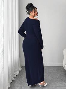 Elenzga Vestito maglia oversize a maniche lunghe da donna, abito casual in maglia a spalle scoperte, abito autunnale/invernale per taglie forti - Blu Navy - Visualizzare 2