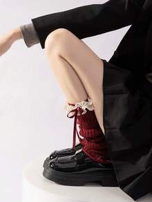 ROMWE Gothic Style Thick Knitted Flared Cuff Mid-Calf Leg Warmers For Women, Autumn/Winter - Burgundy - View 2