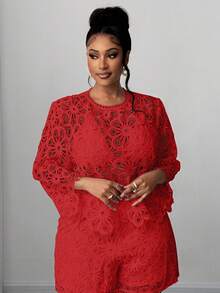 Maweii Elegant Red Lace Floral Plus-Size Blouse,Perfect For Summer,Party,Spring,Autumn,New Year,Christmas Holiday Wear&Valentine's Day Events - Red - View 3