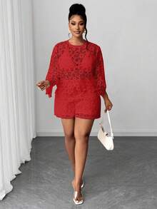 Maweii Elegant Red Lace Floral Plus-Size Blouse,Perfect For Summer,Party,Spring,Autumn,New Year,Christmas Holiday Wear&Valentine's Day Events - Red - View 5