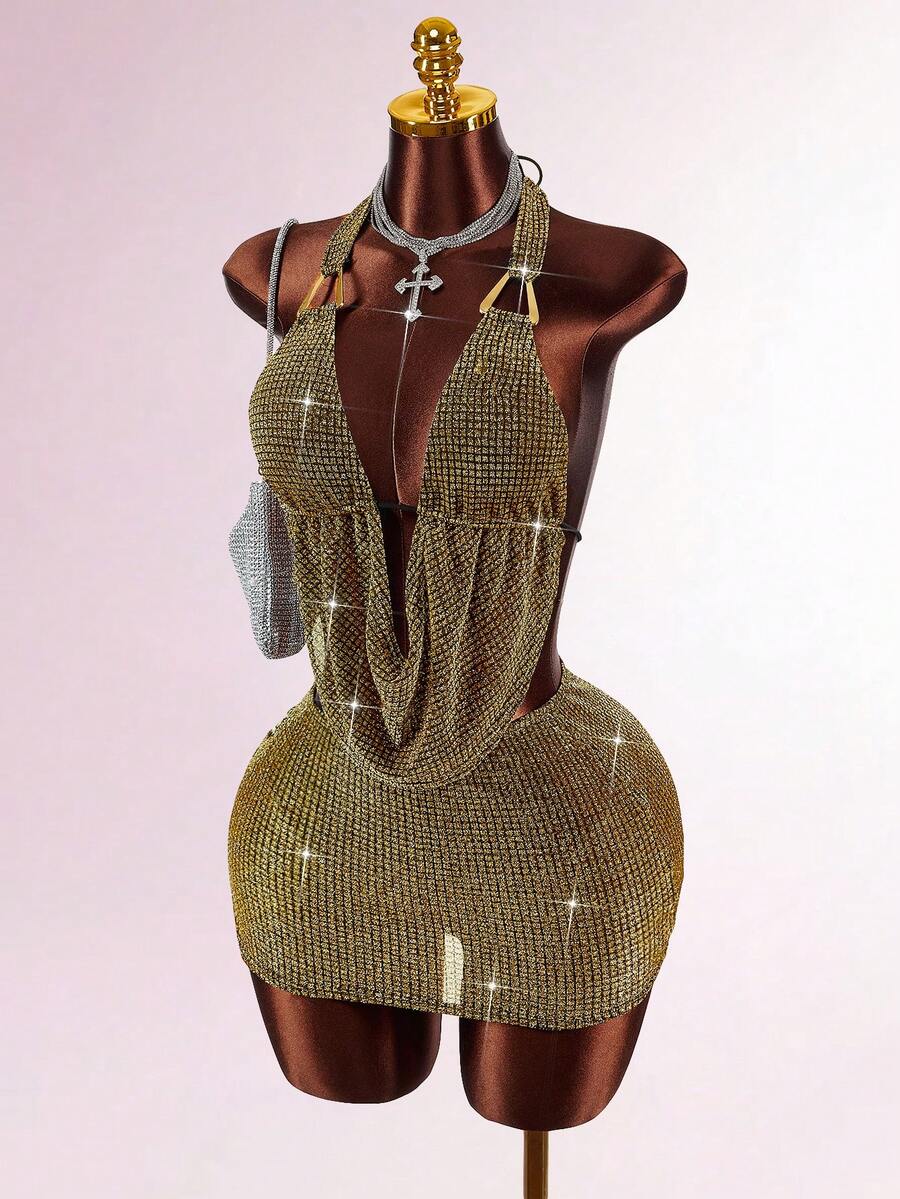 Y2K Amplova Women's Plunging Neck Glitter Halter Top And Bodycon Mini Skirt Sexy Fashion 2-Piece Set Autumn/Winter Thanksgiving And New Year Gold Clothes Sexy Club Outfits Women,Party Dresses For Women - Multicolor - View 1