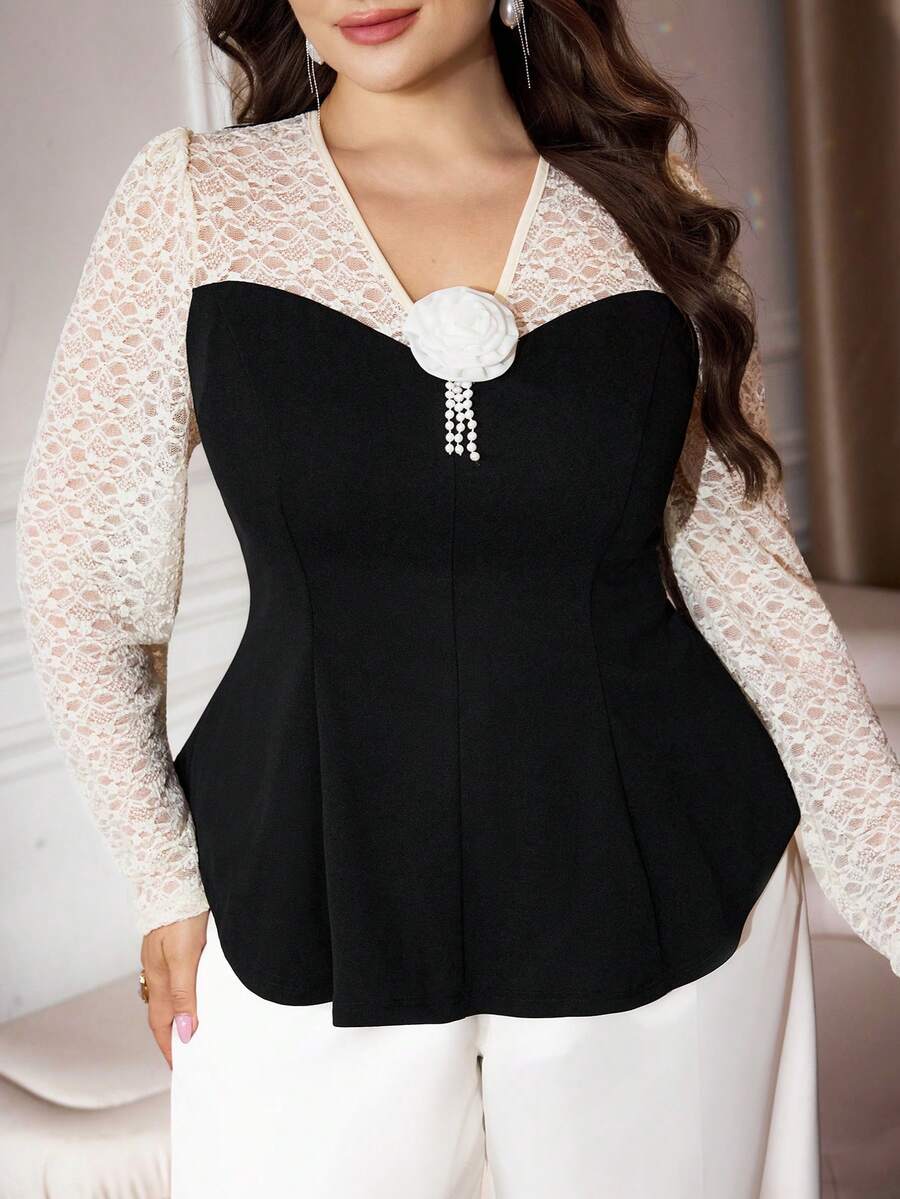 Modelyn 针织撞色蕾丝长袖V领上衣，3D立体花卉装饰收腰大码衬衫 - 黑色 - 查看 1