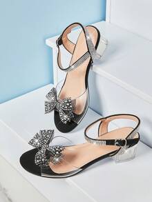 Mini mi 女童水钻蝴蝶结透明带粗跟黑色连衣裙凉鞋——闪亮、可爱、派对完美之选。 - 黑色 - 查看 2