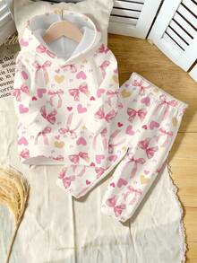 舒适秋冬女童休闲时尚创意个性清新简约可爱蝴蝶结、爱心、珍珠印花连帽衫和运动裤套装，舒适儿童家居服女童家居服套装睡衣儿童女童冬季睡衣 - 彩色 - 查看 6