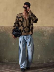 AKNOTIC 男士休闲时尚 - 宽松纽扣开襟毛衣 - 对比提花图案 - 可机洗或干洗 - 适合秋冬季穿着 - 咖啡棕 - 查看 2