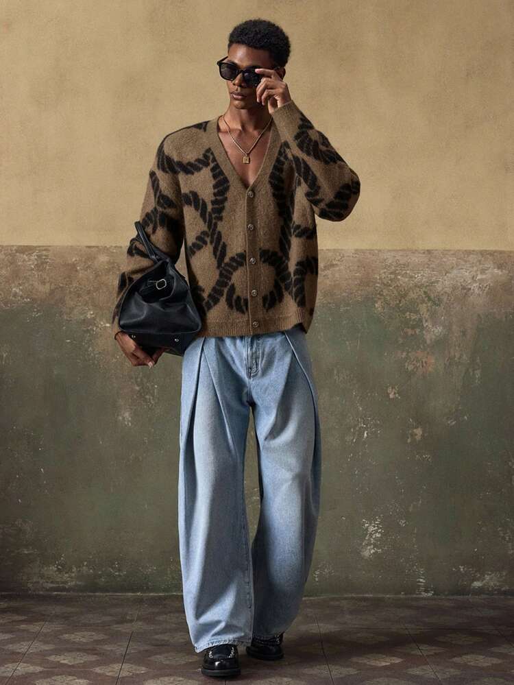 AKNOTIC Men's Casual Fashion - Loose Button-Up Cardigan Sweater - Contrast Jacquard Pattern - Machine Washable Or Dry Clean - Suitable For Autumn/Winter