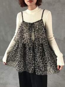 FRIFUL 女士豹纹薄纱吊带系带宽松休闲百搭背心，秋季款 - 棕色 - 查看 5