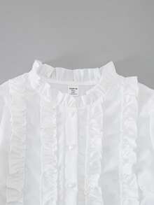 青少年白色衬衫，耳叶形蕾丝花边，长袖儿童衬衫，适合春秋季穿着，百搭女童立领上衣，学院风女童服装，珍珠纽扣儿童服装 - 白色 - 查看 5