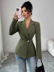 SHEIN Elenzya Women's Elegant Military Green Cinched Waist Regular Blazer Jacket, Suitable For Dates, Parties, And Everyday Wear, Autumn/Winter - Army Green - View 5