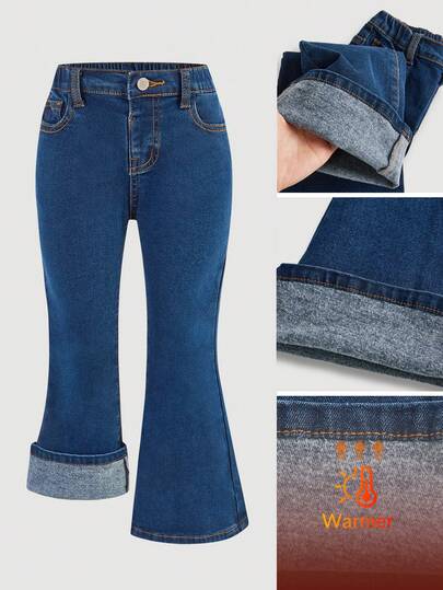 SHEIN Young Girls' Grey Washed Denim Thermal Lined Elastic Skinny Flare Jeans Pants,Kids Winter Keep Warm Clothes Outfits,Girls Back To School Homecoming Outfits,Solid Color Elegant & Simple & Versatile Flare Pants, Fall Autumn Winter Clothes Outfits,Kids Back To School Streetwear Outfits,Comfortable And Versatile, For Young Girls, Suitable For School, Home And Travel