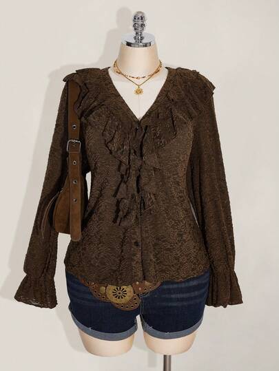 SHEIN ICON 大码女式V领荷叶边喇叭袖时尚衬衫