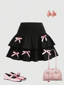 SHEIN Girlism 少女休闲、运动、校园、返校季、黑色层叠荷叶边裙短裤，蝴蝶结装饰，甜美又酷炫，黑粉色，春夏，清爽，基础款，日常百搭，运动时尚夏季，返校季，校服 - 黑色 - 查看 8