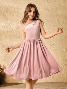 Tween Girls Elegant Velvety Pink Dress With Asymmetric Sequin Cutout Waist Design, Snug Fit - Pink - View 1