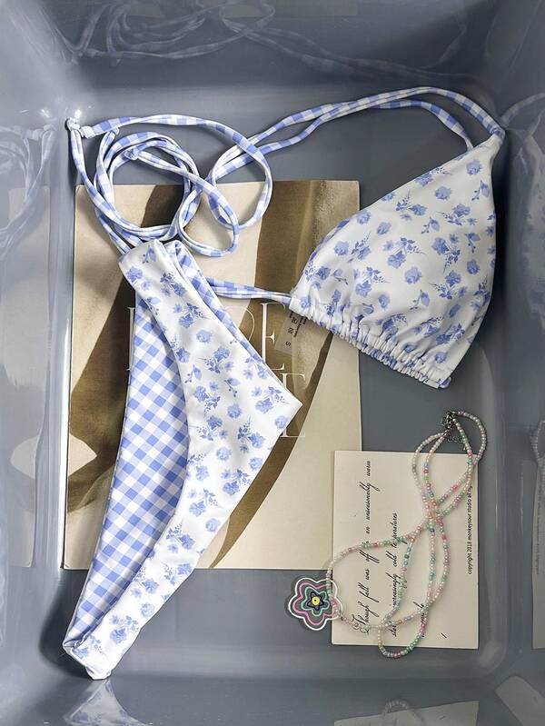 Swim Mod New Women's Summer 2-Piece Random Floral & Plaid Print Triangle Halter Bikini Top And Bottom Set, Beach Vacation Swimwear