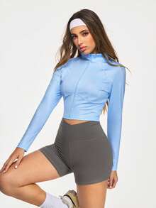 SHEIN Sports Women's Light Blue Full Zip Athletic Jacket,Summer Slim Fit Sports Top With Stand Collar,High Stretch Gym Yoga Running Activewear Athleisure Jacket - Blue - View 1