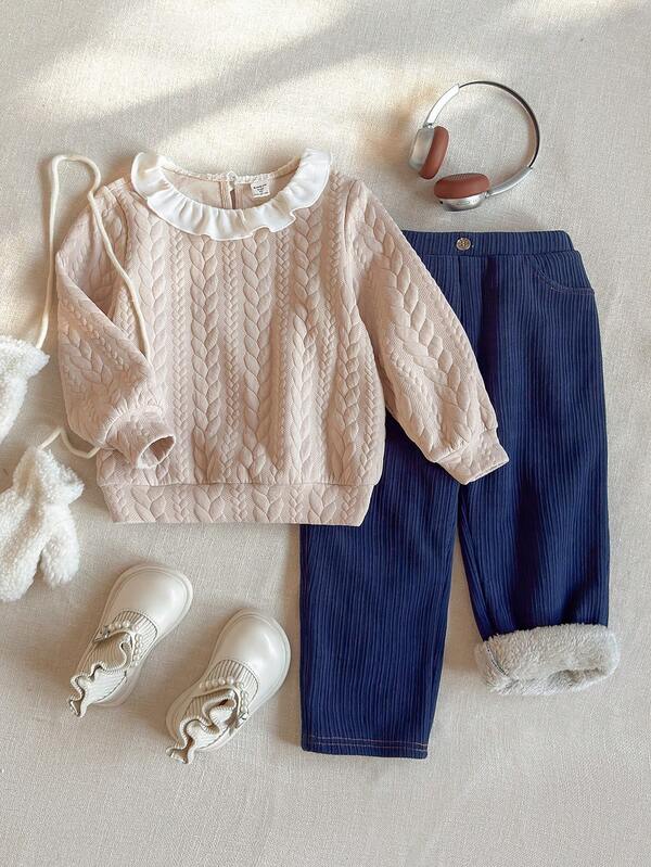 PrepCrw Conjunto de 2 peças para meninas, elegante e versátil, composto por camisa polo branca de manga comprida com gola franzida e forro térmico, em ribana. Ideal para escola, passeios casuais, viagens, encontros, férias, outono e inverno. Conjunto de moletom para meninas, perfeito para o outono e primavera. Conjunto de roupas para meninas com gola, ideal para festas e Natal.