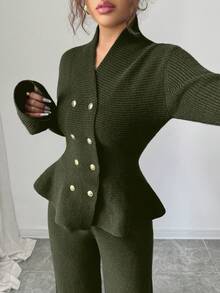 Elenzga Bộ 2 món: Áo khoác cardigan cổ đứng tay loe thắt eo thanh lịch dành cho người đi làm thường ngày màu xanh lam & áo len dệt kim ống đứng, Thu/Đông - màu xanh lá - Xem 7