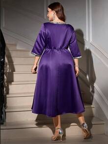 Gownix 大码女士优雅提花长袖中长连衣裙，适合派对和外出，秋冬圣诞女装 - 紫色 - 查看 3