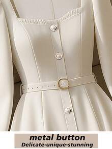 Franclia 女士优雅拼色长袖连衣裙，方领，系腰，单排金属纽扣 A 字长裙，杏色，春/秋 - 杏色 - 查看 4