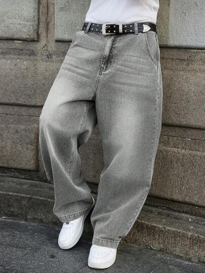 GALLERY FADE Men's Light Grey Casual Wide Leg Loose Fit Denim Jeans Going Out Urban Hang Out Vacation Work
