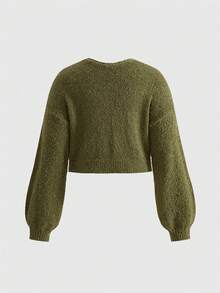 ROMWE Fairycore 大码女式蘑菇刺绣落肩长袖休闲针织开衫，秋冬 - 墨綠色 - 查看 4