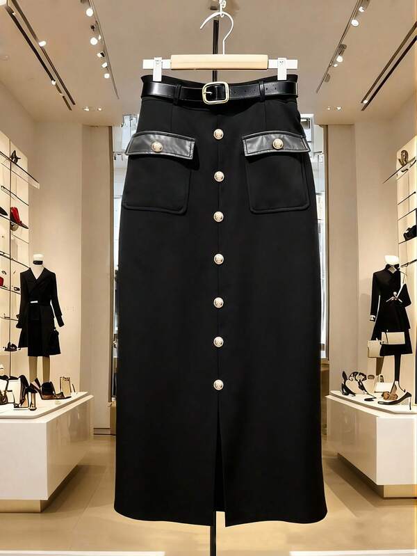 Franclia Plus Size Women's Autumn/Winter A-Line Skirt, High Waist Elegant Slim Fit Flared Skirt With Metal Buckle Decoration, Waist Belt, PU Leather Patchwork, Suitable For Work And Casual Wear Belt Skirt Black Denim Skirt Western Skirt Black Cargo Skirt Luxury Clothes For Women Cargo Pockets Skirt With Pockets Long Skirt Button-Front Skirt Black Skirt Luxury Skirt