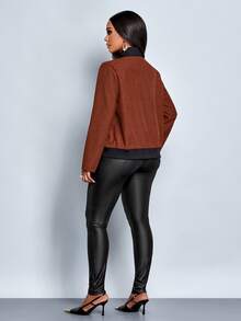 SOLERSUN Jaket Kantor Elegan Bergaris Cokelat untuk Wanita, Jaket Komuter Harian Musim Gugur, Kerah Tinggi Merah Bata, Kerah Kontras Bergaris Hitam, Kancing, Saku Palsu, dan Hem Berkerut - Rust Brown - View 2