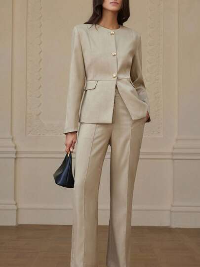 Aveloria Rosie 2pcs Set: Fashionable Lapel Decor Commuter Blazer Jacket & Casual Pants