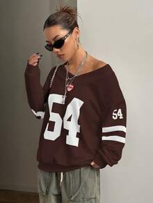 SHEIN HypeZone 女式运动街头撞色数字针织运动衫 - 咖啡棕 - 查看 4