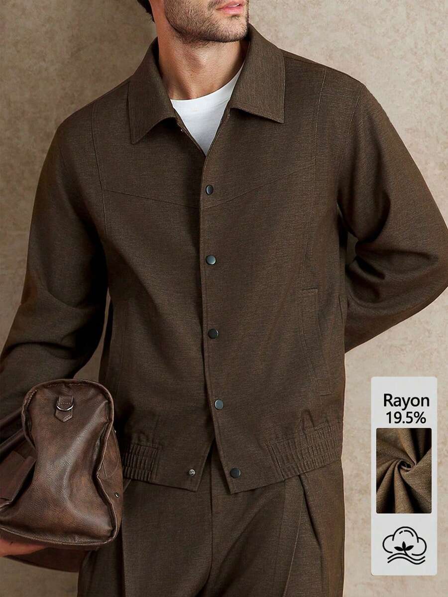 Core Aspect Men's Denim Effect Casual Retro Jacket Set, Autumn/Winter - Brown - View 1