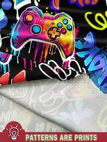 Teen Boys' Casual Minimalist Cartoon Game Console Pattern Loose Fit Swimwear, Suitable For Summer