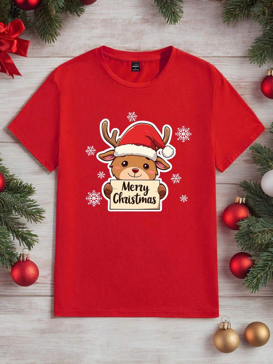Manfinity RelaxMax Men's Christmas Reindeer Graphic T-Shirt, Suitable For Family Gatherings, Boyfriend/Husband Gift Christmas T Shirt Reindeer T Shirt - Red - View 1