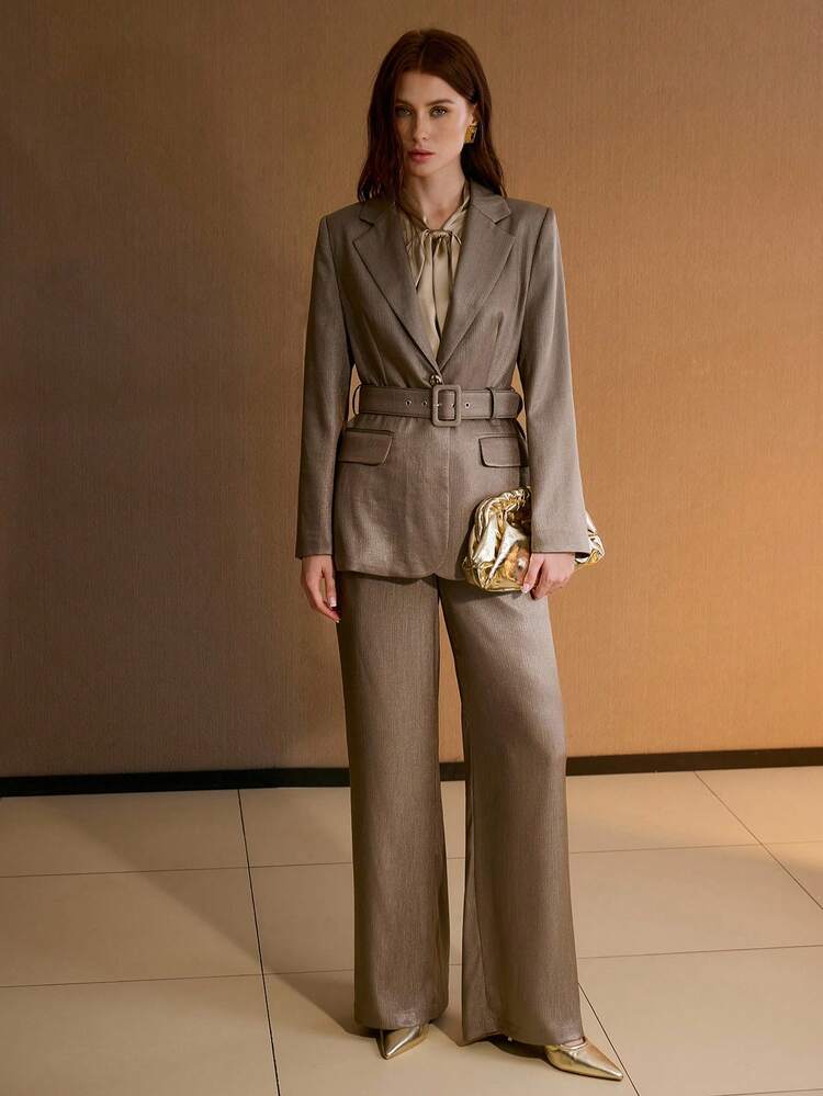 CALÇAS RETAS ELEGANTES PARA ESCRITÓRIO DE COR SÓLIDA E TEXTURA PARA MULHERES