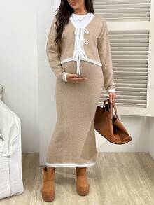 SHEIN Maternity Contrast Trim Drawstring Knit Cardigan & Skirt Set