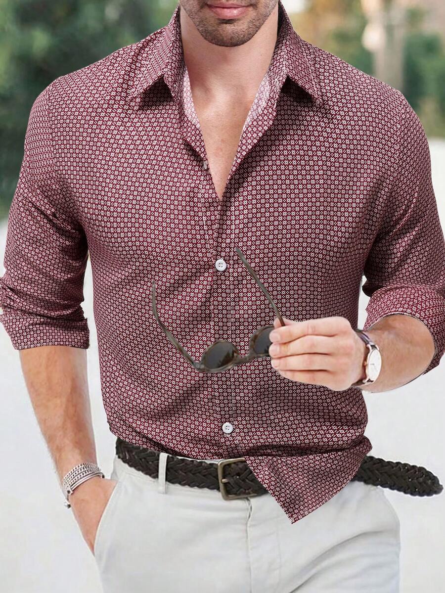 Manfinity Mode Men's All-Over Print Long Sleeve Single-Breasted Casual Commuter Shirt Burgundy Shirts For Men Slim Fit Shirt Men Casual Long Sleeve Shirts For Men Daily Leisure, Weekend Trips, Outdoor Activities, Travel Expeditions, Relaxed Work Environments Or Semi-Formal Occasions,Boyfriend/Husband Gift, Anniversary Gift Christmas